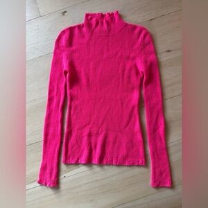 Les Reveries Distressed Neon Ribbed Cashmere Turtleneck Sweater In Bright Pink